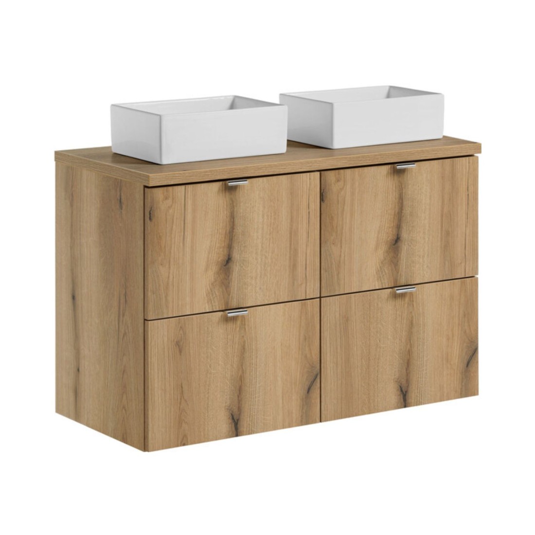 Ensemble VANO 100cm chêne : meubles sous vasque à tiroirs, plan pour vasque et vasques à poser rectangulaire