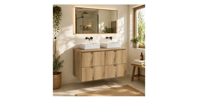 Ensemble VANO 100cm chêne : meubles sous vasque à tiroirs, plan pour vasque et vasques à poser rectangulaire mis en situation