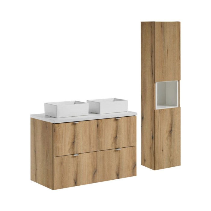 Set VANO in rovere e bianco 130cm: mobile sottolavabo con cassetti + piano per lavabo + lavabi rettangolari da appoggio + colonn