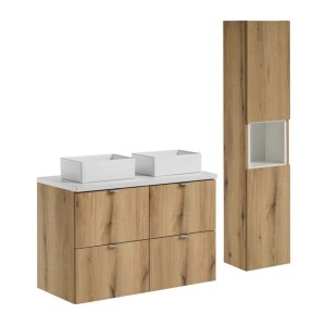 Ensemble VANO chêne et blanc 130cm : meubles sous vasque à tiroirs, plan pour vasque, vasques à poser et colonne