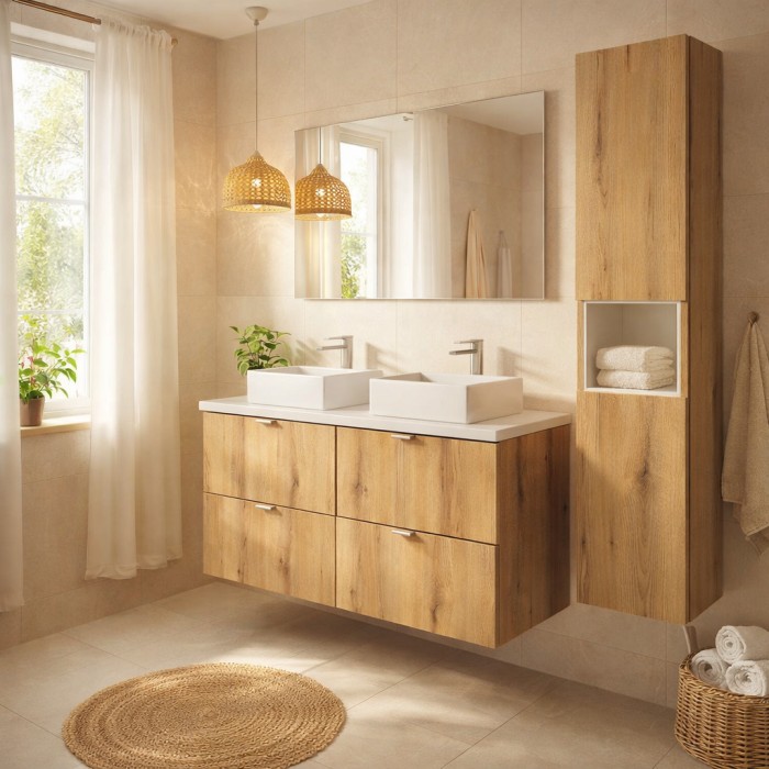 Set VANO in rovere e bianco 130cm: mobile sottolavabo con cassetti + piano per lavabo + lavabi rettangolari da appoggio + colonn