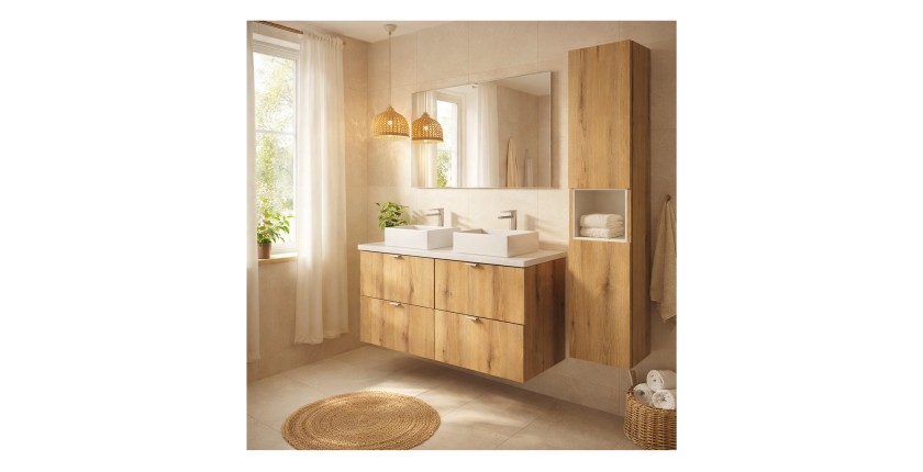 Ensemble VANO chêne et blanc 130cm : meubles sous vasque, plan pour vasque, vasques à poser et colonne mis en situation