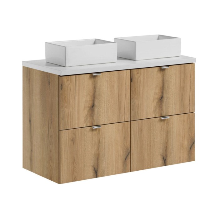 Conjunto VANO de aspecto roble y blanco 100cm: muebles bajo lavabo con cajones + encimera para lavabo + lavabos rectangulares pa