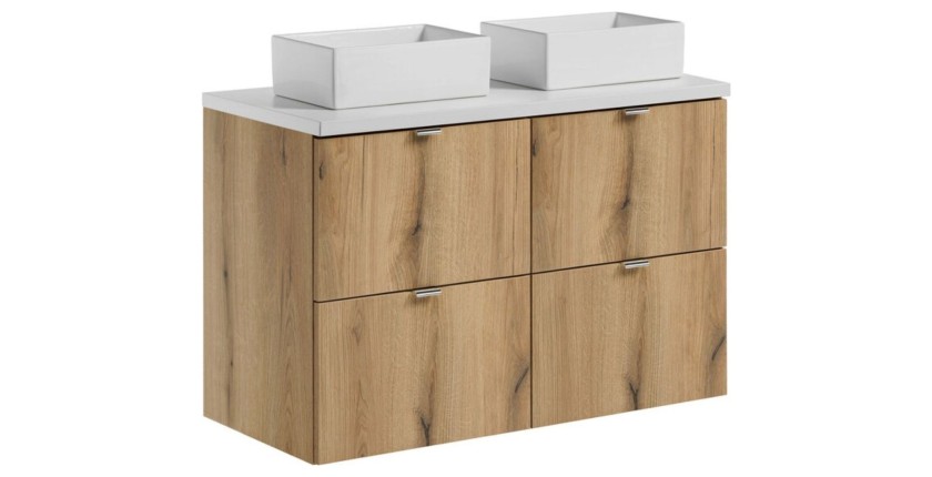 Ensemble VANO chêne et blanc 100cm : meubles sous vasque à tiroirs, plan pour vasque et vasques à poser