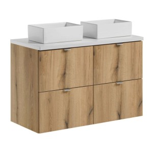 Ensemble VANO chêne et blanc 100cm : meubles sous vasque à tiroirs, plan pour vasque et vasques à poser