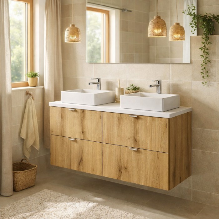Conjunto VANO de aspecto roble y blanco 100cm: muebles bajo lavabo con cajones + encimera para lavabo + lavabos rectangulares pa