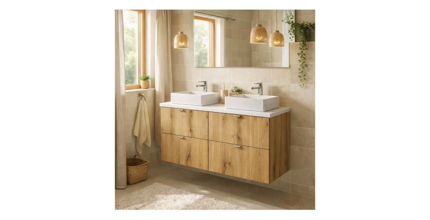 Ensemble VANO chêne et blanc 100cm : meubles sous vasque à tiroirs, plan pour vasque et vasques à poser mis en situation