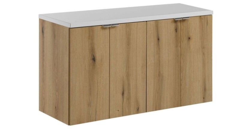 Ensemble VANO chêne et blanc 100cm : meubles sous vasque à placards et plan pour vasque blanc