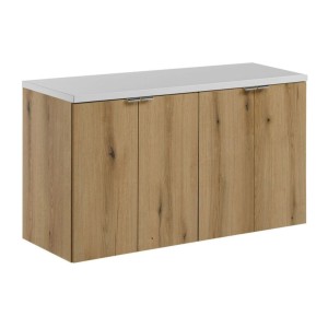 Ensemble VANO chêne et blanc 100cm : meubles sous vasque à placards et plan pour vasque blanc