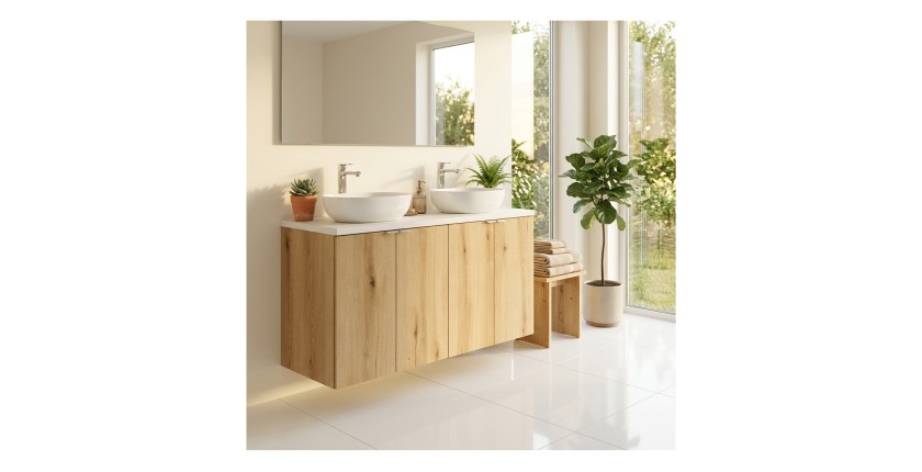 Ensemble VANO chêne et blanc 100cm : meubles sous vasque à placards et plan pour vasque blanc mis en situation