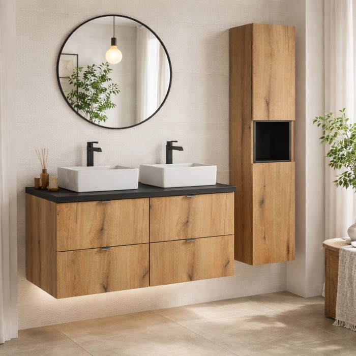 Set VANO quercia e nero 130cm : mobile sotto lavabo con cassetti + piano per lavabo + lavabi da appoggio rettangolari + colonna
