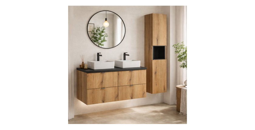 Ensemble VANO chêne et noir 130cm : meubles sous vasque, plan pour vasque, vasques à poser et colonne mis en situation