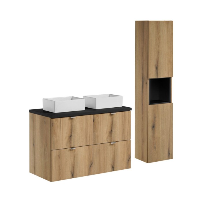 Set VANO quercia e nero 130cm : mobile sotto lavabo con cassetti + piano per lavabo + lavabi da appoggio rettangolari + colonna