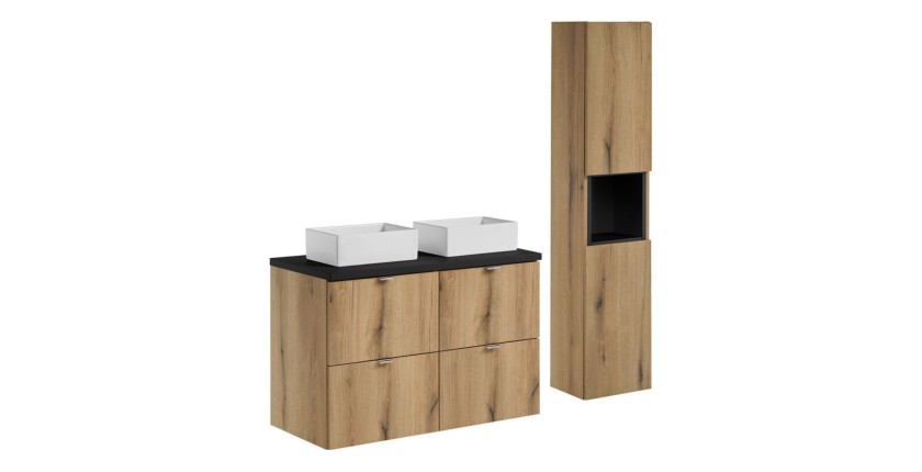 Ensemble VANO chêne et noir 130cm : meubles sous vasque, plan pour vasque, vasques à poser et colonne