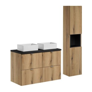 Ensemble VANO chêne et noir 130cm : meubles sous vasque, plan pour vasque, vasques à poser et colonne