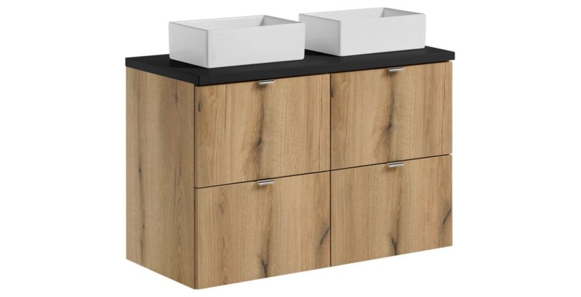Ensemble VANO chêne et noir 100cm : meubles sous vasque à tiroirs, plan pour vasque et vasques à poser