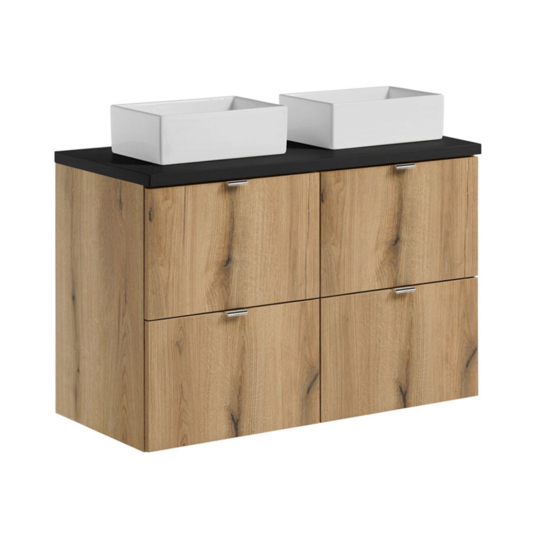 Ensemble VANO chêne et noir 100cm : meubles sous vasque à tiroirs, plan pour vasque et vasques à poser