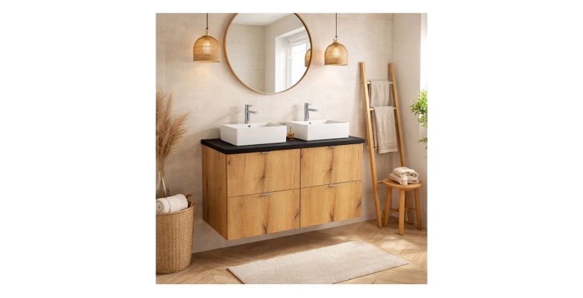 Ensemble VANO chêne et noir 100cm : meubles sous vasque à tiroirs, plan pour vasque et vasques à poser mis en situation