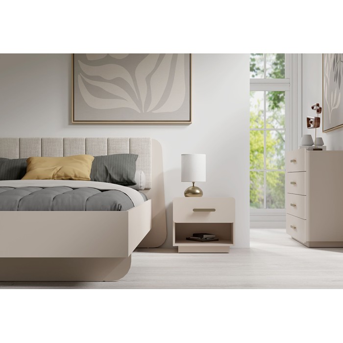 Lot de 2 tables de chevet AMALIE – 1 tiroir – Coloris beige – Poignées dorées – Design arrondi