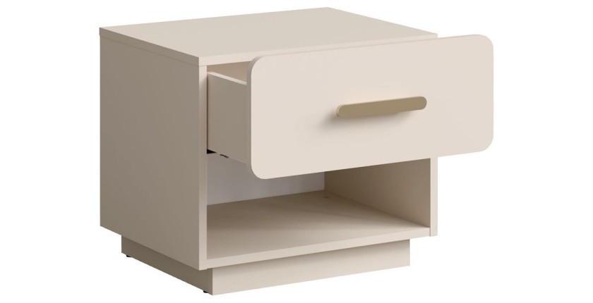 Lot de 2 tables de chevet AMALIE – 1 tiroir – Coloris beige – Poignées dorées – Design arrondi