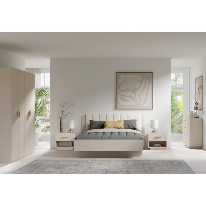 Lot de 2 tables de chevet AMALIE – 1 tiroir – Coloris beige – Poignées dorées – Design arrondi