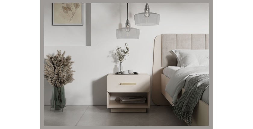 Lot de 2 tables de chevet AMALIE – 1 tiroir – Coloris beige – Poignées dorées – Design arrondi