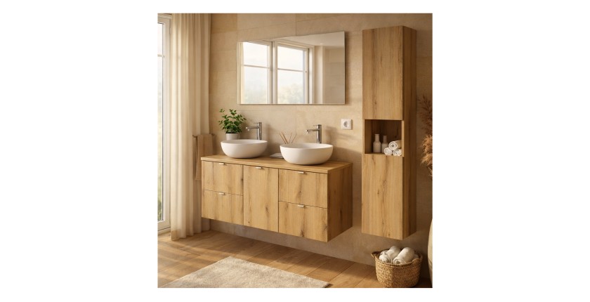 Set sospeso VANO effetto quercia 170cm: mobili sotto lavabo con cassetti e cesto per la biancheria integrato + piano per lavabo 