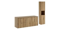 Set sospeso VANO effetto quercia 170cm: mobili sotto lavabo con cassetti e cesto per la biancheria integrato + piano per lavabo 