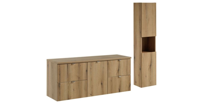 Set sospeso VANO effetto quercia 170cm: mobili sotto lavabo con cassetti e cesto per la biancheria integrato + piano per lavabo 