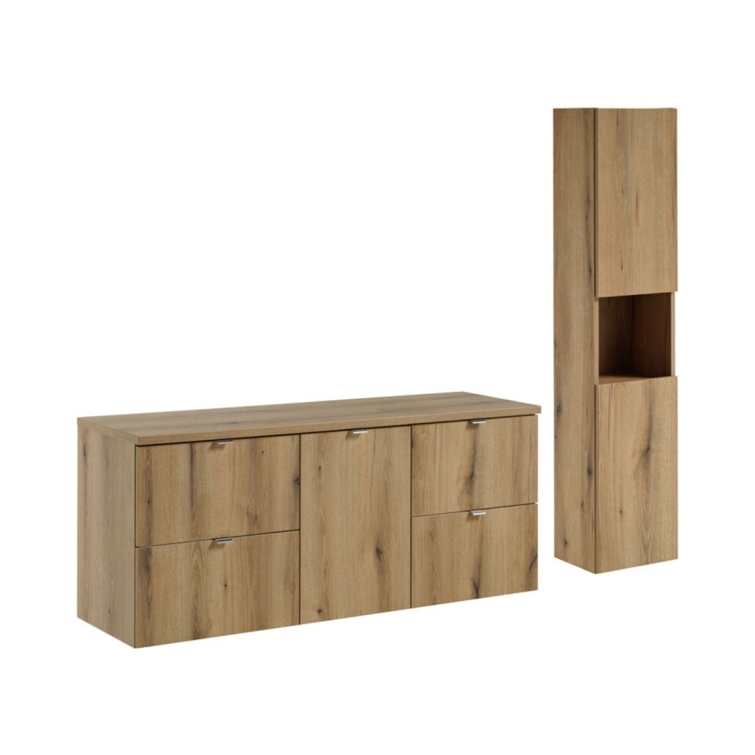Set sospeso VANO effetto quercia 170cm: mobili sotto lavabo con cassetti e cesto per la biancheria integrato + piano per lavabo 