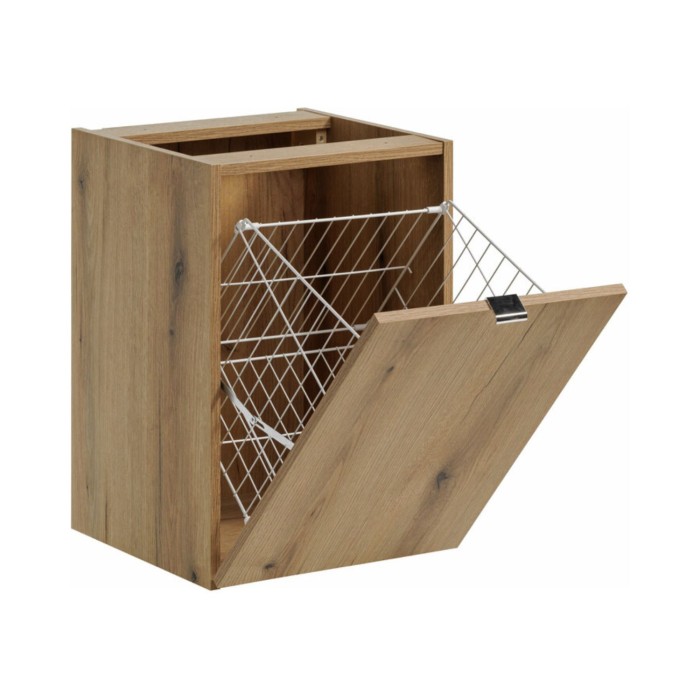 Badezimmer-Set VANO in Eichenoptik 140cm: Unterschrank mit Schubladen und integriertem Wäschekorb + Abdeckplatte für Waschbecken