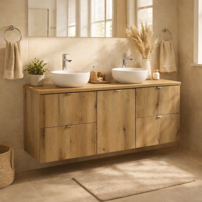Badezimmer-Set VANO in Eichenoptik 140cm: Unterschrank mit Schubladen und integriertem Wäschekorb + Abdeckplatte für Waschbecken