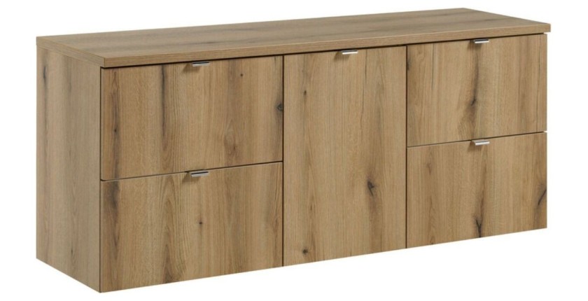 Ensemble VANO 140cm chêne : meubles sous vasque à tiroirs avec panier à linge et plan pour vasque