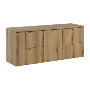 Ensemble VANO 140cm chêne : meubles sous vasque à tiroirs avec panier à linge et plan pour vasque