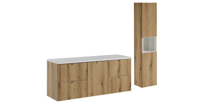 Set VANO Eichen- und Weißoptik 170cm: Unterschrank mit Schubladen und integriertem Wäschekorb + Waschtischplatte + Säule