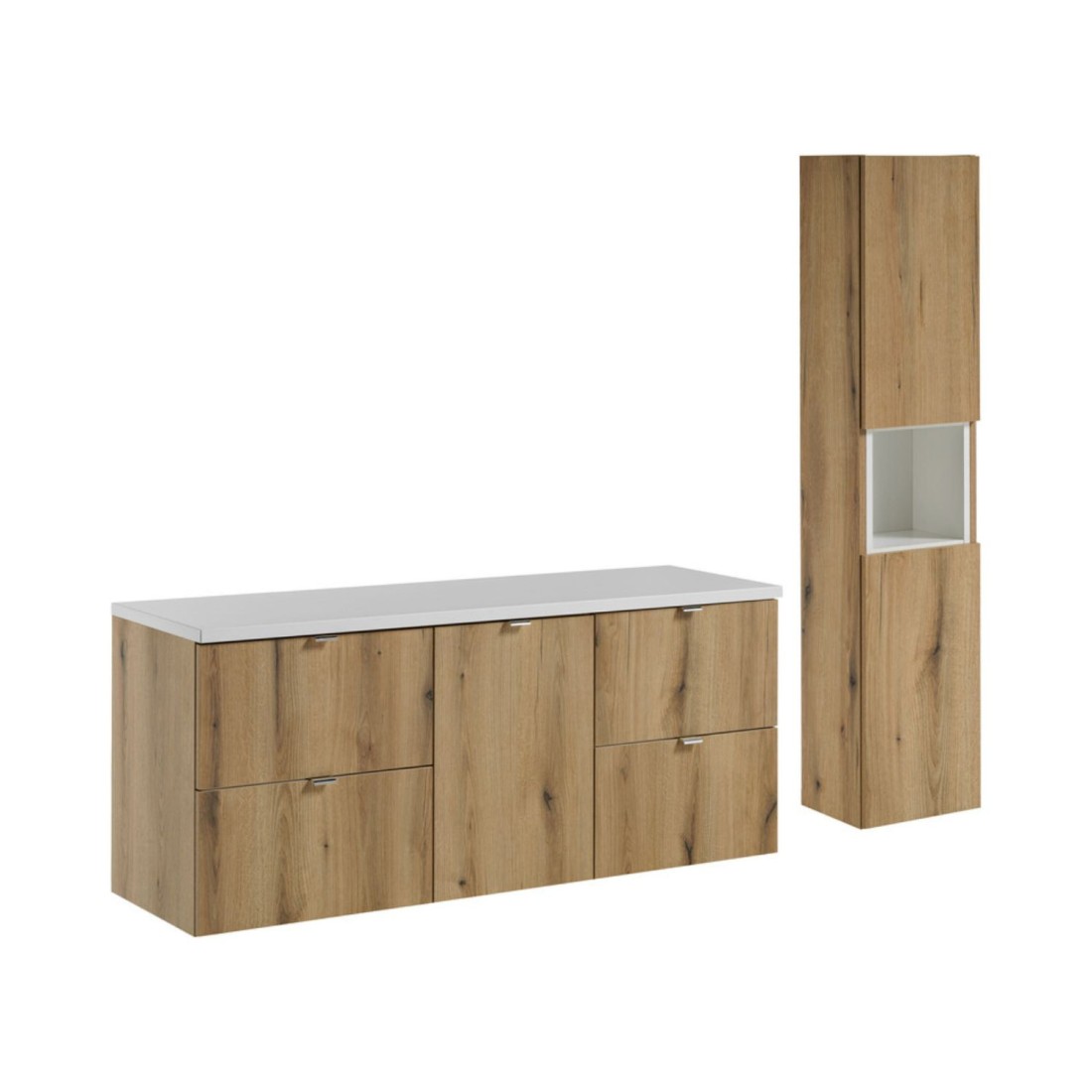 Set VANO Eichen- und Weißoptik 170cm: Unterschrank mit Schubladen und integriertem Wäschekorb + Waschtischplatte + Säule