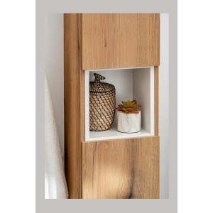 Set VANO Eichen- und Weißoptik 170cm: Unterschrank mit Schubladen und integriertem Wäschekorb + Waschtischplatte + Säule