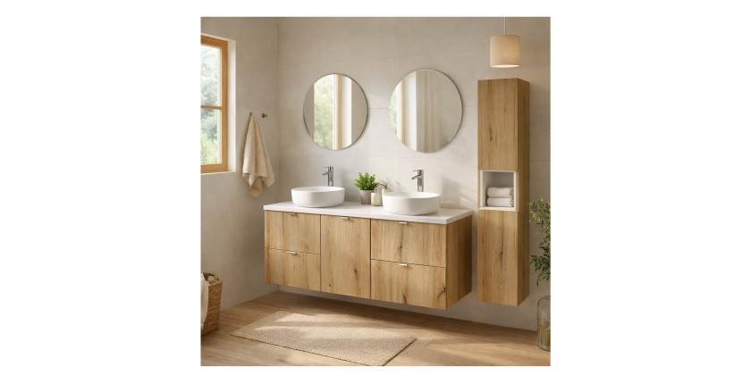 Set VANO Eichen- und Weißoptik 170cm: Unterschrank mit Schubladen und integriertem Wäschekorb + Waschtischplatte + Säule