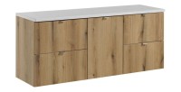 Ensemble VANO chêne et blanc 140cm : meubles sous vasque à tiroirs avec panier à linge et plan pour vasque blanc