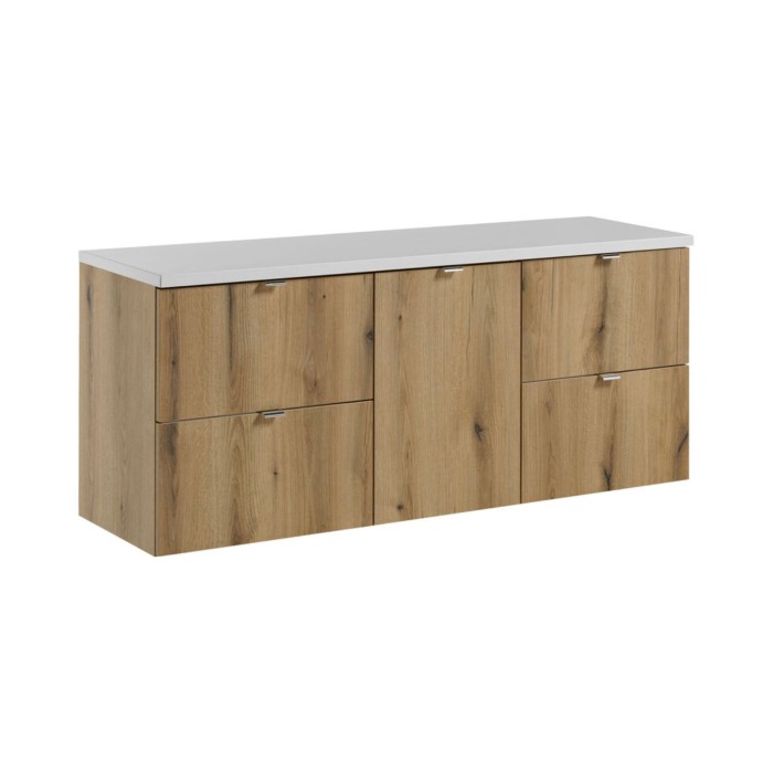 Set da bagno VANO in rovere e bianco 140cm: mobili sottolavabo con cassetti e cesto per la biancheria + piano per lavabo