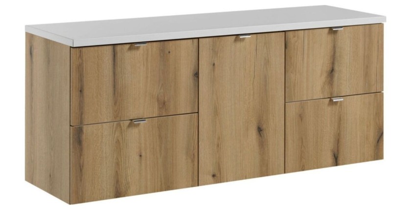 Ensemble VANO chêne et blanc 140cm : meubles sous vasque à tiroirs avec panier à linge et plan pour vasque blanc