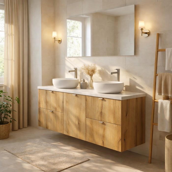 Set da bagno VANO in rovere e bianco 140cm: mobili sottolavabo con cassetti e cesto per la biancheria + piano per lavabo