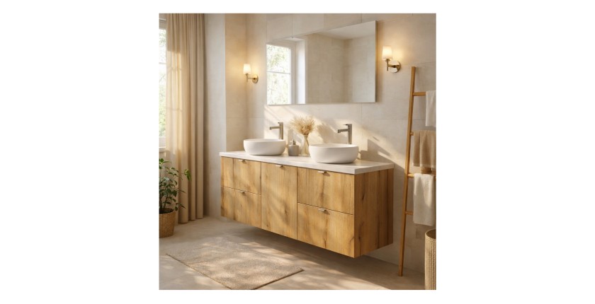 Ensemble VANO chêne et blanc 140cm : meubles sous vasque à tiroirs avec panier à linge et plan pour vasque mis en situation