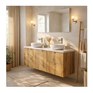 Ensemble VANO chêne et blanc 140cm : meubles sous vasque à tiroirs avec panier à linge et plan pour vasque mis en situation