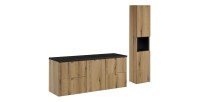 Set VANO effetto rovere e nero 170cm: mobili sottolavello con cassetti e cesto portabiancheria integrato + piano per lavabo + co