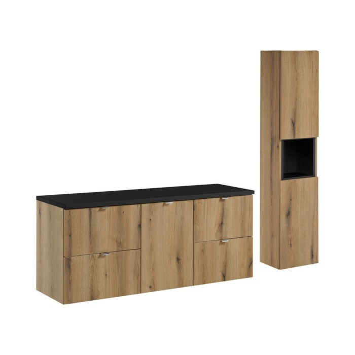 Ensemble VANO chêne et noir 170cm : meubles sous vasque avec panier à linge, plan pour vasque, colonne