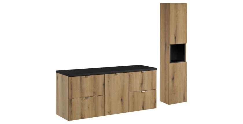 Set VANO effetto rovere e nero 170cm: mobili sottolavello con cassetti e cesto portabiancheria integrato + piano per lavabo + co