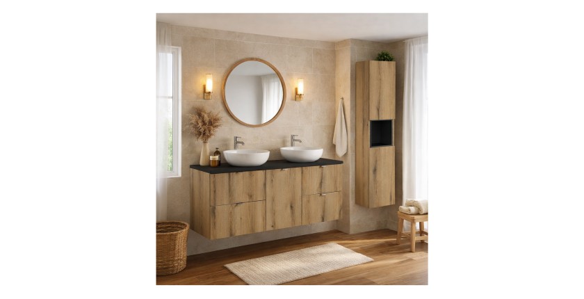 Set VANO effetto rovere e nero 170cm: mobili sottolavello con cassetti e cesto portabiancheria integrato + piano per lavabo + co