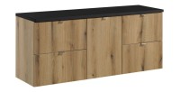 Set bagno VANO effetto quercia e nero 140cm: mobiletto sottolavabo con cassetti e cesto per la biancheria + piano per lavabo