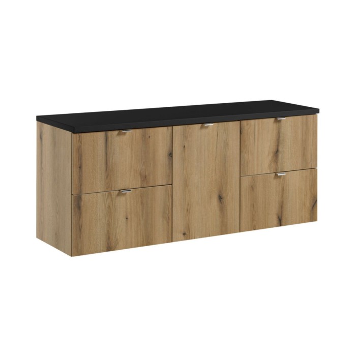 Badezimmer-Set VANO in Eichen- und Schwarzoptik 140cm: Unterschränke mit Schubladen und Wäschekorb + Waschtischplatte